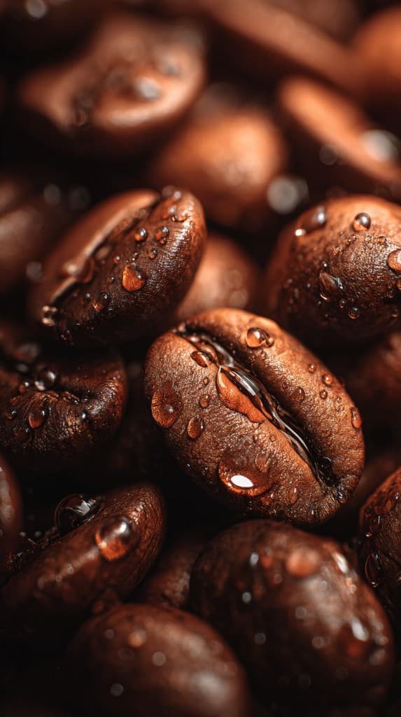 Roasted coffee beans macro with droplets