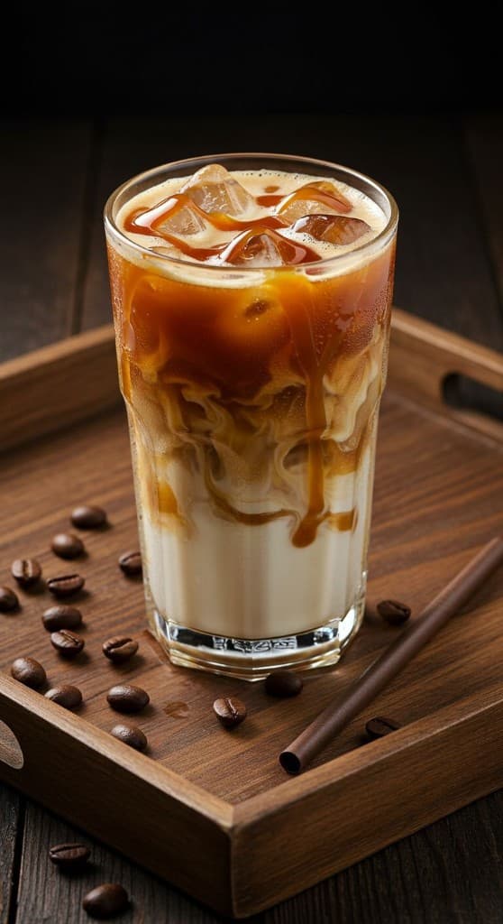 Iced layered latte with caramel on dark wood