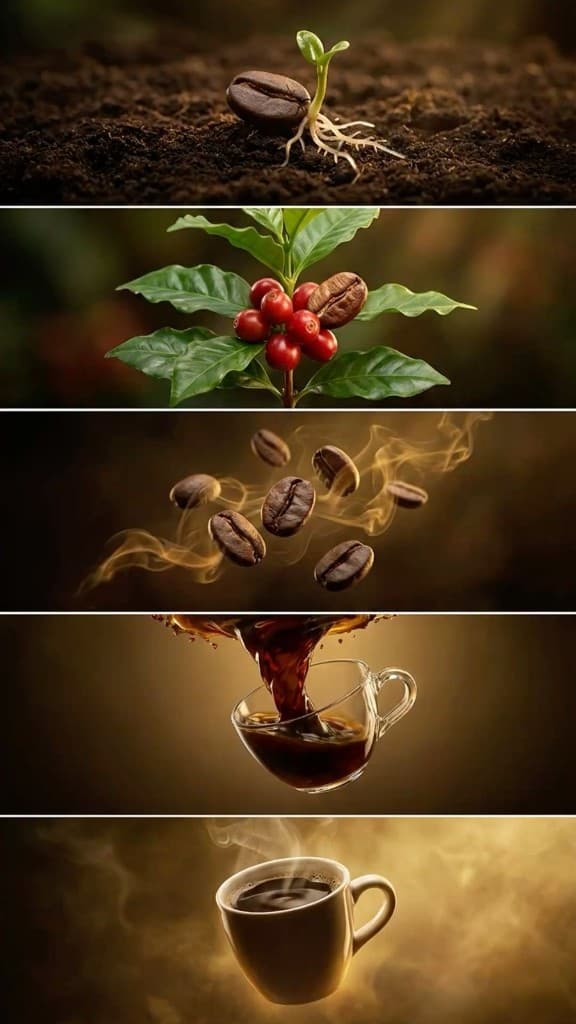 From seed to cup — collage of coffee origins and brewing