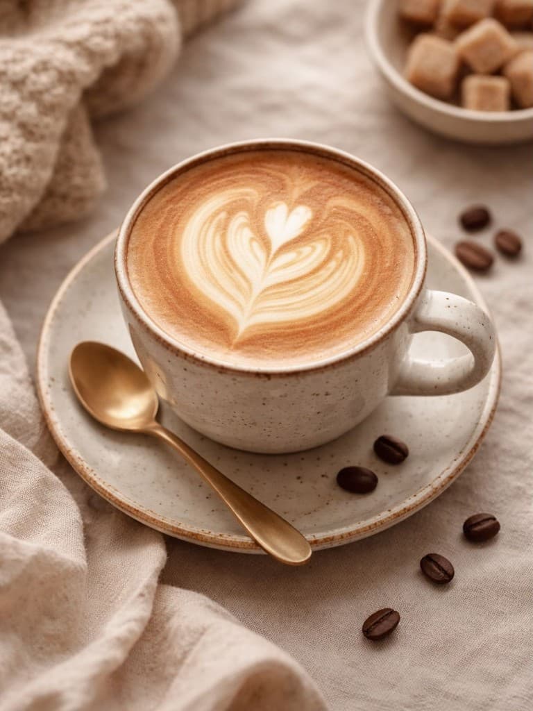 Latte heart art with gold spoon — flagship parlour cup