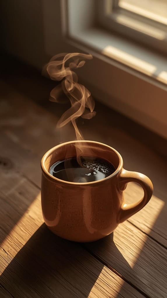Steaming black coffee in a ceramic mug